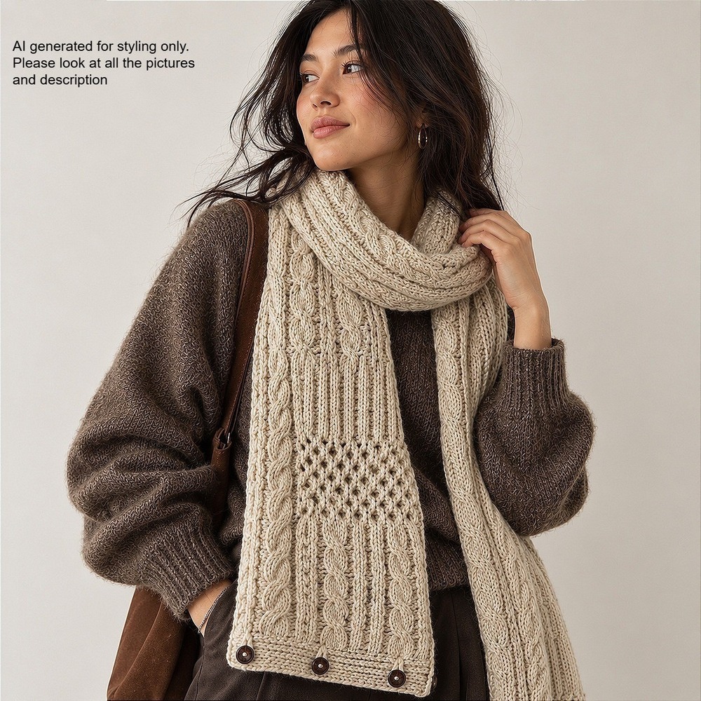 Aran Sweater Market 100% Merino Wool Cable Knit Button Scarf Oatmeal Ireland